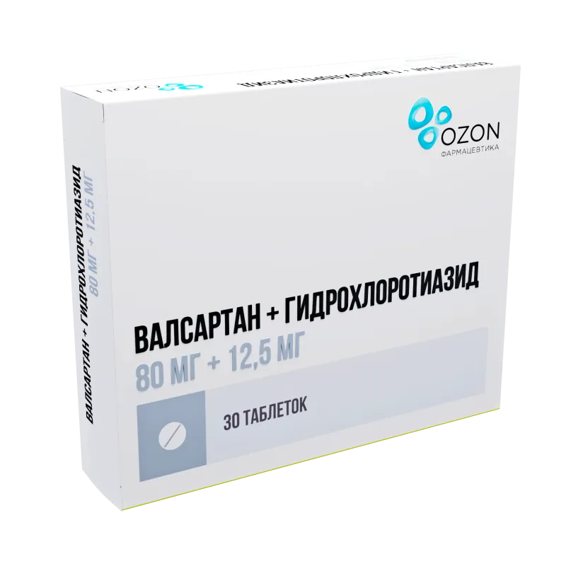 Валсартан+Гидрохлоротиазид, 80 мг+12.5 мг, Таблетки, Покрытые Оболочкой